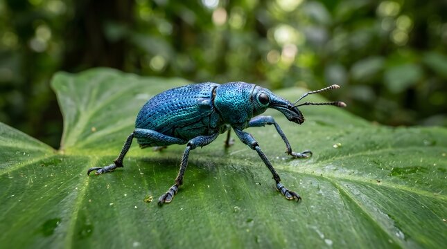 Metallic blue weevil insect walking on green leaf. Vibrant iridescent beetle exploring nature foliage in close-up detail.
