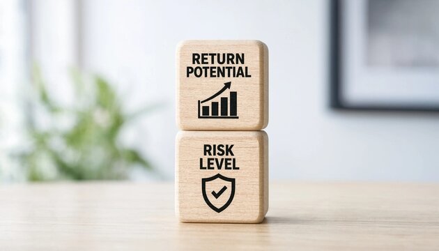 Wooden blocks illustrating return potential and risk level concepts for financial investment or business strategy analysis