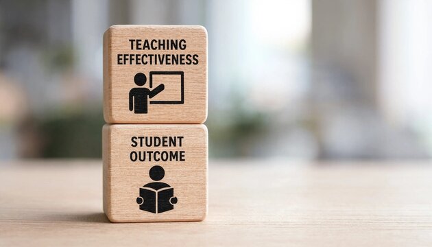 Wooden blocks illustrating teaching effectiveness and student outcome concepts with icons for education improvement