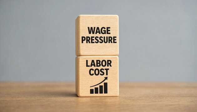 Wooden blocks illustrating wage pressure and increasing labor cost with upward trend graph concept