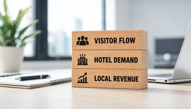 Wooden blocks illustrating visitor flow hotel demand and local revenue metrics on a modern office desk