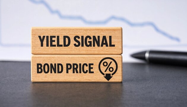 Wooden blocks illustrating yield signal and bond price relationship with downward percentage arrow on dark surface