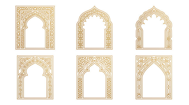 Luxurious Islamic mihrab arches. Golden ornate frames for Ramadan and religious design.