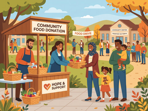 Community food donation during autumn harvest with diverse people at a center for togetherness and support