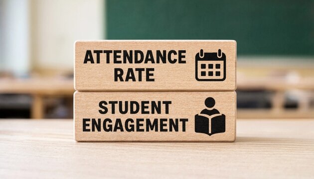 Wooden blocks showing attendance rate and student engagement icons in classroom setting for educational metrics