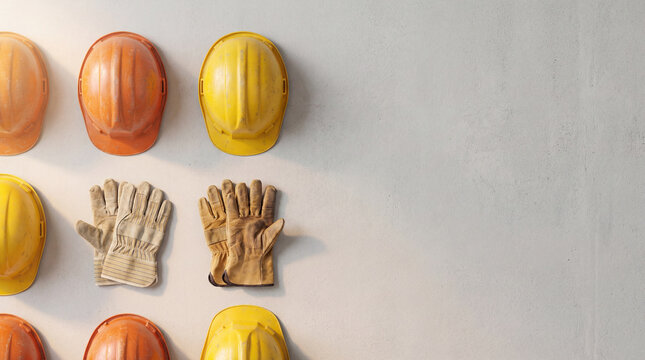Construction hard hats gloves arranged on concrete wall with large copy space showing workplace safety protective equipment industry suited for campaigns about lifestyle wellness community