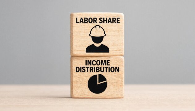 Wooden Blocks Showing Labor Share and Income Distribution Concept with Worker and Pie Chart Icons