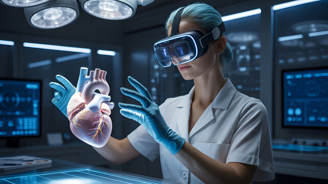 Medical professional wearing virtual reality headset examines holographic human heart model inside high tech laboratory with bright blue surgical lighting