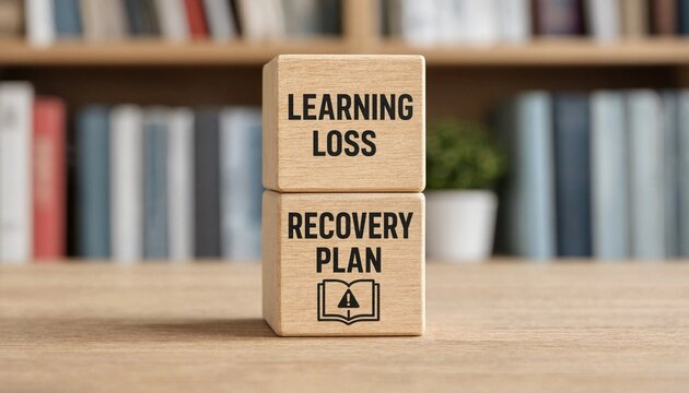 Wooden Blocks Showing Learning Loss and Recovery Plan Concept with Bookshelf Background for Educational Planning