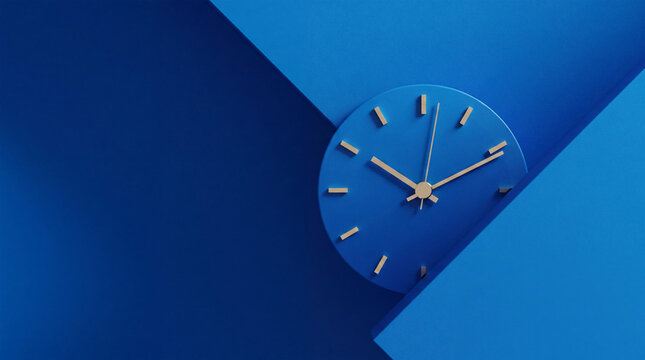 Abstract blue clock face with golden hands and markers