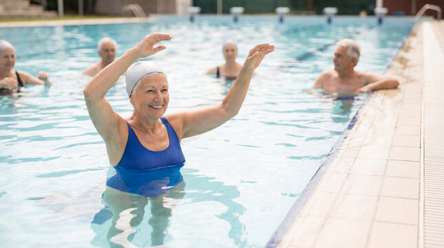Smiling senior woman leading group aqua aerobics exercise inside swimming pool, authentic active aging concept showing independence confidence value value value value value value value