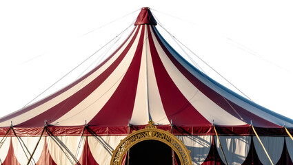 Red and white striped circus tent with ornate golden archway, isolated on transparent background © Ibrian