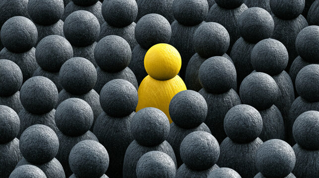 Unique Yellow Wooden Figure Standing Out From A Large Grey Crowd

