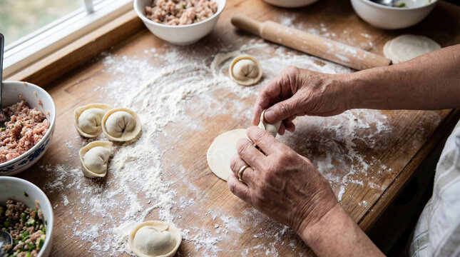 Senior hands shaping homemade dumplings with meat filling on floured kitchen table, authentic active aging concept showing independence daily value value value value value value value