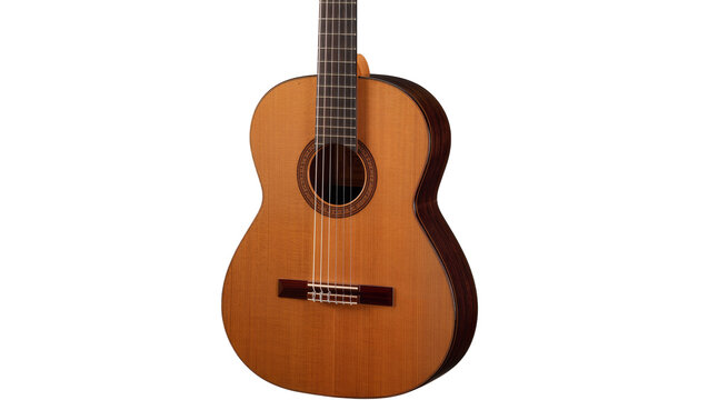 Classical acoustic guitar with six strings, isolated on transparent background