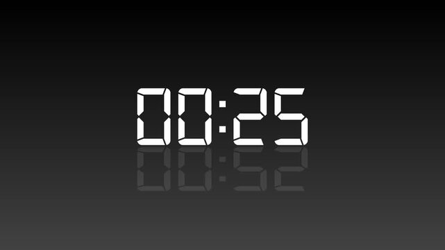 Countdown Digital Clock Animation 30 to 0 second with digital font. Animated analog timer with reflection effect. 4k regulation. 