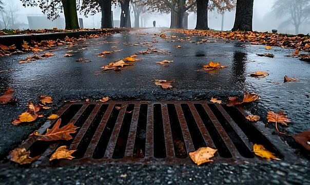 Wet asphalt road with fallen autumn leaves near storm drain in misty weather.