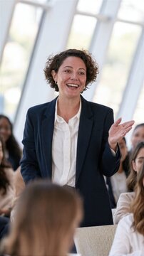 Smiling business coach speaking to audience during professional workshop