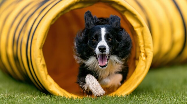 Energetic black and white dog running through yellow agility tunnel on green grass during training or playful outdoor activity