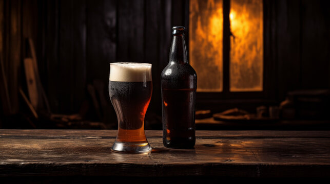 Dark Beer Pint with Bottle on Rustic Table