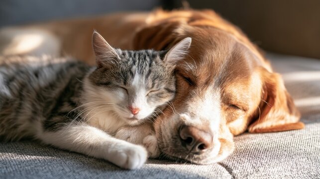 Close-up of a peaceful cat and dog sleeping together on a soft textured surface in warm natural light showing comfort friendship and relaxation between animals