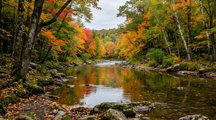 Autumn forest river reflecting vibrant fall foliage. Scenic woodland stream with colorful leaves and tranquil water flow. © Monir
