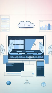 Vertical editor workstation assembles monitor, camera, mobile device, cloud, and charts in a clean line animation for creative software marketing and social content.