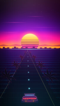 Neon car speeds down an endless grid highway beneath palms and a giant sunset, capturing nostalgic 1980s arcade energy for game trailers, music visuals and ads