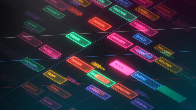 Glowing AI development labels pulse across a connected dark grid in a seamless neon loop, built for machine-learning explainers, tech branding and business campaigns.