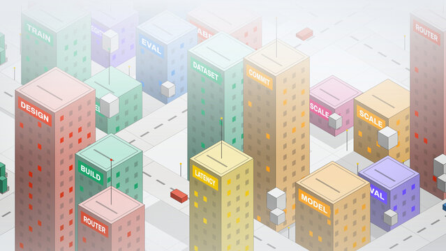 Isometric city blocks labeled with AI workflow stages visualize machine-learning operations in a clean tech landscape for corporate explainers and innovation marketing.