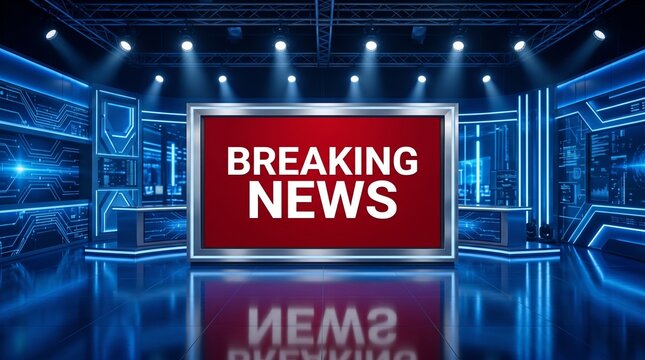 Breaking news sign on a modern virtual television broadcast studio background