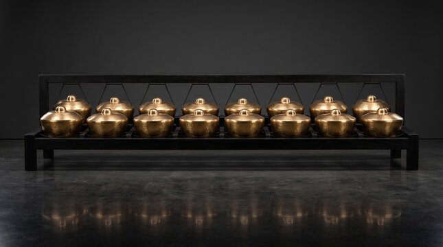 Javanese Gamelan Bonang featuring golden bronze gongs on a black wooden frame, used for performing traditional ethnic orchestral music.