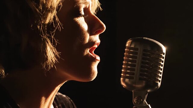 Woman singing into vintage microphone in dramatic low light.