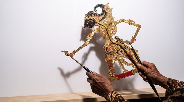 Hands of puppeteer holding an intricate Javanese Wayang Kulit shadow puppet against a white background for cultural storytelling.