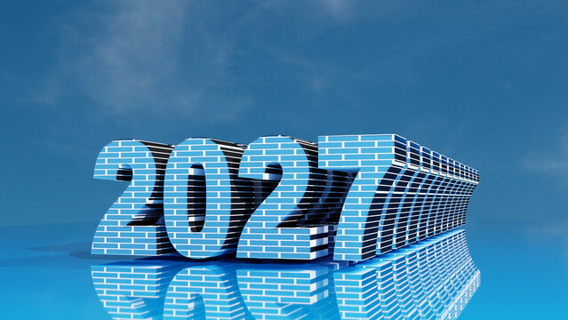 Futuristic 2027 Year 3D Text Structure Under Blue Sky