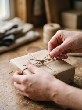 Close up of hands securing gift parcel package with natural hemp string knot