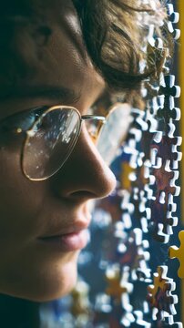 Close up portrait pensive individual wearing glasses, deeply engaged with assembling colorful jigsaw puzzle. Reflective mood, intricate puzzle create sense contemplation, mindfulness