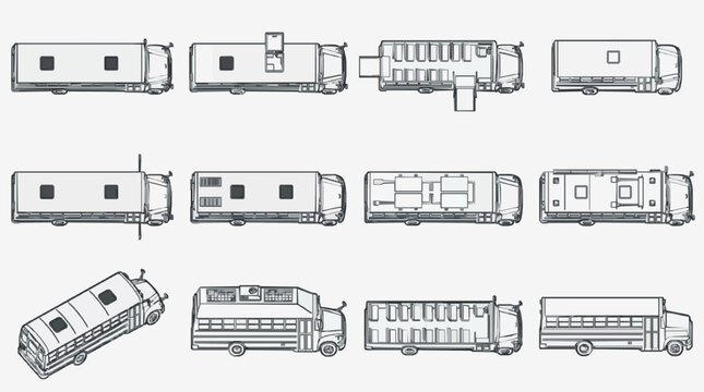 Professional Black and White Line Drawing Illustrations of Various Types of Passenger and Cargo Vehicles