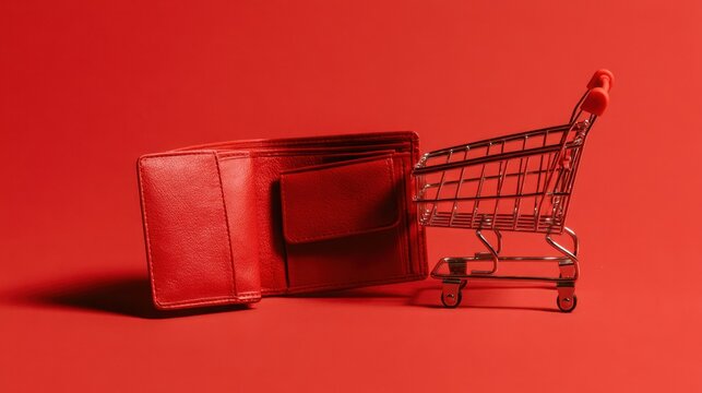Miniature metal shopping cart with red leather wallet inside on red background representing shopping concept and financial spending idea with shadow