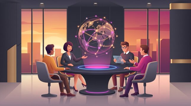 Business team collaborating on global networking strategy with a digital globe hologram in a modern boardroom during sunset