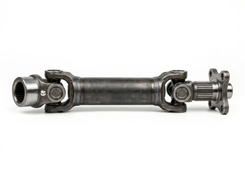 Industrial steel driveshaft component with universal joints isolated on pure white background