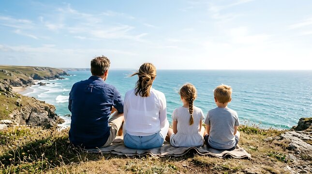 A family of four sitting on a cliff overlooking the ocean during a sunny day.
