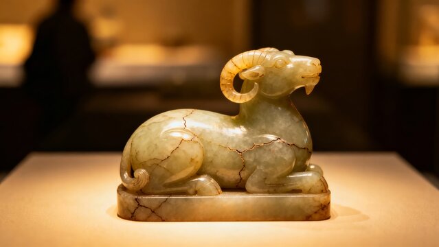 Carved jade ram sculpture displayed in a museum exhibit