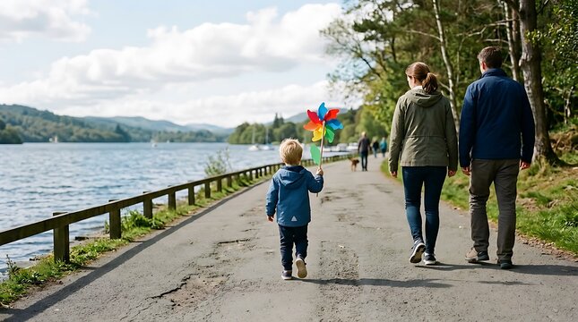 A family of three walking along a scenic lake path with a child holding a colorful pinwheel.