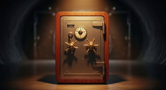 Vintage Wooden and Metal Security Safe with Combination Lock and Rotary Dial in Dimly Lit Vault