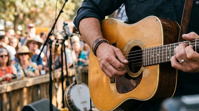 A male musician playing an acoustic guitar on stage at an outdoor music festival with a crowd in the background.
