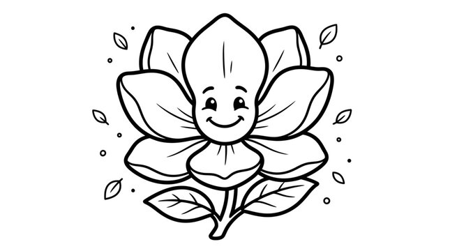 Cute smiling flower blossom character illustration coloring page with character botanical coloring illustration