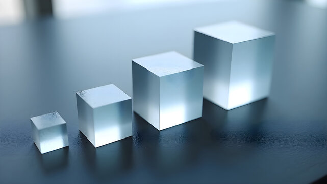 Concepto de crecimiento empresarial y desarrollo representado por cubos de cristal de menor a mayor