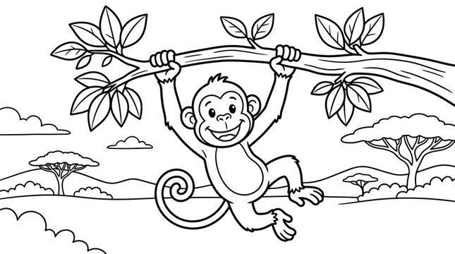 Cheerful monkey swinging from tree branch in african landscape coloring page with swinging savannah coloring activity