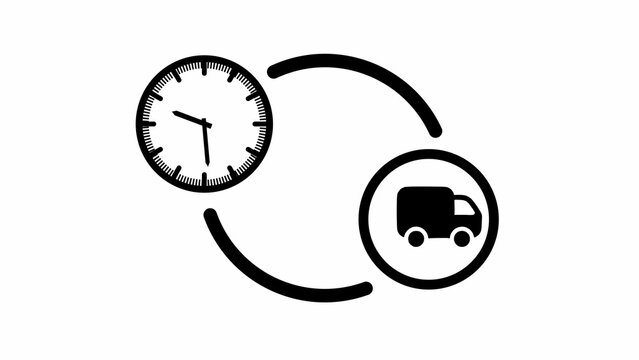Black and white of a clock and delivery truck with circular arrows